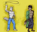 2012 anthro armpit_hair barefoot belt belt_buckle body_hair brown_body brown_eyes brown_fur brown_hair buckle canid canine canis claws clothed clothing digital_media_(artwork) duo feet fur grey_body grey_fur hair lasso male mammal nipples rthur surprise topless wolf