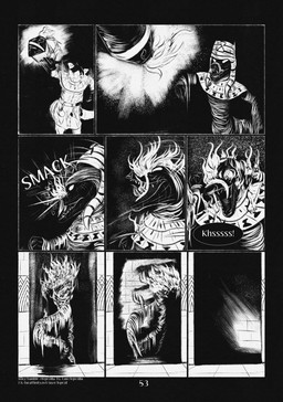 5_fingers 8_panel_comic anthro black_body black_hair burning clothed clothing duo empty_eyes exclamation_point fingers fire floor gloves hair handwear male motion_lines mummy_wrappings page_number running sharp_teeth sound_effects speech_bubble tail teeth text wall_(structure) white_text leprzil crocodilian mammal mummy murid murine rat reptile rodent scalie undead 2026 artist_name comic english_text hi_res monochrome