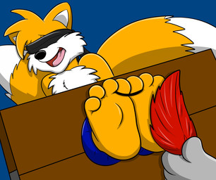 2_tails 4_toes ankles_tied anthro barefoot biped black_nose blindfold blue_background bound cheek_tuft chest_tuft clothed clothing countershade_face countershading dipstick_tail disembodied_hand duo facial_tuft feathers feet feet_together foot_fetish foot_focus fur gloves handwear head_tuft laugh loose_feather male markings mostly_offscreen_character multi_tail multicolored_body multicolored_fur multicolored_tail open_mouth orange_body orange_fur orange_tail plantigrade pointy_ears prick_ears red_body red_feathers restraints shadow simple_background soles solo_focus stocks tail tail_markings tickle_fetish tickle_torture tickling tickling_feet toe_restraints toes toes_tied tongue topless tuft two_tone_body two_tone_fur white_body white_clothing white_fur white_gloves white_handwear white_inner_ear white_tail yellow_body yellow_fur yellow_tail chaos99 sega sonic_the_hedgehog_(series) miles_prower canid canine fox mammal 2015 digital_media_(artwork) hi_res