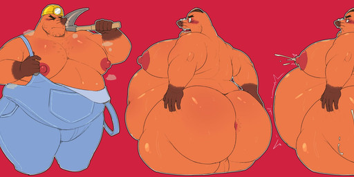 anthro armor big_butt big_nipples blush bodily_fluids butt clothing cum cum_in_ass cum_inflation cum_inside cumflated_belly eyes_closed facial_hair genital_fluids hard_hat headgear helmet inflation lactating leaking_cum looking_pleasured male male_lactation moobs nipples nude overalls overweight overweight_anthro overweight_male pickaxe shirtless solo whiskers wide_hips swirlzeez animal_crossing nintendo mr._resetti eulipotyphlan mammal mole_(animal) 2026 hi_res