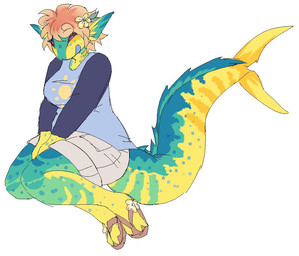 anthro big_breasts blue_body blue_clothing blue_markings blue_scales blue_shirt blue_t-shirt blue_topwear bottomwear breasts cheek_fins clothing eyes_closed facial_markings female fin flower_accessory footwear furgonomic_bottomwear furgonomics gills green_body green_markings green_scales grey_bottomwear grey_clothing grey_shorts hands_between_legs head_markings leg_markings markings neck_gills non-mammal_breasts sandals scale_markings scales shirt shoes shorts simple_background solo t-shirt tail tail_fin tail_markings thick_tail topwear white_background yellow_body yellow_scales unknown_artist aquatic carangiform fish mahi-mahi flat_colors