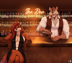 anthro bar bio_in_description black_nose brown_body brown_fur clothed clothed_anthro clothed_female clothed_male clothing digit_ring dress duo fangs female finger_ring fur hair jewelry male multicolored_body multicolored_fur red_body red_fur red_hair ring shirt smile teeth tongue topwear two_tone_body two_tone_fur vest wedding_ring white_body white_fur nexus barrell_rivers nitania_amara canid canine canis fox mammal wolf hi_res story story_in_description