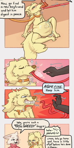 almost_fully_inside ambiguous_gender anthro collar dialogue digestion_implied duo fully_inside hand_imprint head_first heart_eyes heart_symbol imprint larger_pred leash leash_in_mouth leashed_collar male male/ambiguous male/male object_in_mouth simple_background size_difference speech_bubble text vore mollietown canid canine canis domestic_cat domestic_dog felid feline felis mammal 2026 absurd_res comic english_text hi_res sequence