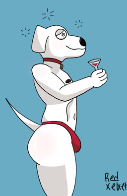 anthro beverage bubble bulge butt clothing collar drunk drunk_bubble fur looking_at_another male simple_background solo substance_intoxication thong underwear white_body white_fur redxelxet family_guy brian_griffin canid canine canis domestic_dog mammal absurd_res hi_res
