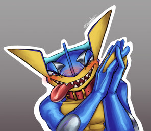 anthro blue_body blue_eyes blush blush_lines collar grey_background hands_together heart_eyes heart_symbol humanoid_hands looking_at_viewer male membrane_(anatomy) outline red_collar simple_background solo tongue tongue_out wearing_collar webbed_hands white_outline yellow_body shoomka nintendo pokemon blu_(shoomka) generation_6_pokemon greninja pokemon_(species) 2026 digital_drawing_(artwork) digital_media_(artwork) english_description hi_res