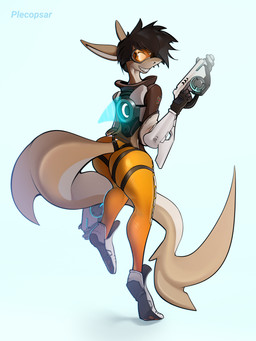 anthro black_hair boots brown_body butt clothed clothing eyewear female footwear glasses gloves gun hair handwear hologram jacket looking_at_viewer ranged_weapon rear_view sharp_teeth shoes short_hair smile solo teeth tomboy topwear weapon plecopsar blizzard_entertainment overwatch tracer_(overwatch) aquatic fish shark 3:4 absurd_res hi_res shaded