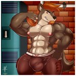 abs anthro ball barazoku biceps big_bulge big_muscles border bottomwear bulge chest_tuft clothed clothing detailed_bulge facial_hair football_pants football_player goatee grinning_at_viewer hair hand_on_hip locker_room male manly muscular muscular_anthro muscular_male nipples orange_eyes orange_hair pants pecs pubes red_bottomwear red_clothing red_pants solo topless topless_male tuft white_border aaron_(artist) marcelo_(aaron) canid canine canis mammal wolf 1:1 2025 hi_res watermark