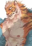 abs anthro blue_eyes countershading fur hair male multicolored_body multicolored_fur muscular muscular_anthro muscular_male nipples orange_body orange_fur pecs solo striped_body striped_fur stripes two_tone_body two_tone_fur white_body white_fur orenjimaru nekojishi studio_klondike lin_hu felid mammal pantherine tiger signature