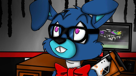 black_nose blue_body blue_fur bow_tie buckteeth computer_screen eyewear fur furniture glasses inside machine solo table teeth tonycrynight five_nights_at_freddy's scottgames bonnie_(fnaf) animatronic lagomorph leporid mammal rabbit robot