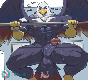 anthro balls barbell beak big_muscles big_pecs big_penis black_body black_feathers blue_eyes bodily_fluids exercise feathered_wings feathers genital_fluids genitals huge_pecs humanoid_genitalia humanoid_penis male muscular muscular_anthro muscular_male nipples nude nude_workout pecs penis precum scuted_arms scutes solo sweat tail tail_feathers weightlifting wings workout masterelrest accipitrid accipitriform avian bald_eagle bird eagle sea_eagle hi_res
