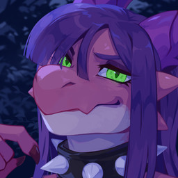 anthro black_collar cheek_spikes collar eyelashes facial_spikes female green_eyes hair long_hair looking_at_viewer mouth_closed narrowed_eyes pink_body purple_hair solo spiked_collar spikes spikes_(anatomy) white_body corzh77 nora_(stove2) kobold scalie 1:1 bust_portrait hi_res portrait