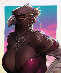 anthro beak big_breasts breasts brown_body brown_feathers cleavage clothed clothing curved_beak dress ear_piercing ear_ring eyeshadow feathers female front_view hoop_ear_ring huge_breasts makeup mascara non-mammal_breasts piercing ring_piercing solo yellow_eyes saphgriffin wings_of_vice rose_(ferobird) accipitrid accipitriform avian bird eagle bust_portrait portrait