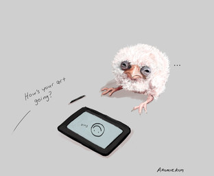 ambiguous_gender biped drawing_tablet ellipsis feathers feral grey_background narrowed_eyes offscreen_character pen profanity question simple_background sitting smiley_face solo squint white_body white_feathers young aromiekim avian bird falcon falconid pygmy_falcon hi_res signature