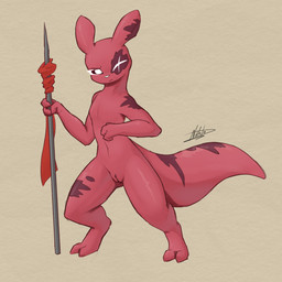 anthro athletic athletic_female breasts clitoris female genitals mature_female melee_weapon polearm red_body red_skin scar small_breasts solo spear standing thick_thighs vulva weapon wide_hips davano rain_world videocult artificer_(rain_world) slugcat 1:1 hi_res