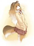 anthro blush bottomwear bow_(feature) bow_tie brown_eyes clothed clothing female fully_clothed hair hand_in_pocket hands_in_both_pockets heart_symbol kemono long_hair looking_at_viewer multicolored_hair pockets simple_background skirt solo sweater topwear two_tone_hair kikurage inukoro_(kikurage) koriyama_meiko canid canine canis domestic_dog mammal 3:4 digital_media_(artwork) portrait shaded three-quarter_portrait