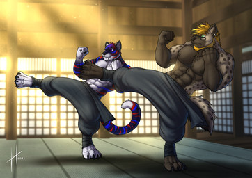 abs anthro beard black_body black_claws black_fur black_pawpads blonde_beard blonde_facial_hair blonde_hair blue_hair brown_body brown_fur chest_tuft claws clothed clothing duo ear_piercing ear_ring eyewear facial_hair facial_markings facial_spots fur glasses green_eyes hair head_markings inside kick male male_anthro markings martial_arts mouth_closed multicolored_hair muscular muscular_anthro muscular_male nipples pawpads pecs piercing purple_eyes purple_hair rectangular_glasses red_hair ring_piercing spots spotted_arms spotted_face spotted_markings spotted_neck spotted_tail standing striped_arms striped_body striped_face striped_fur striped_markings striped_neck striped_tail stripes tail tail_markings toe_claws topless tuft white_body white_fur hufnaar felid hyena mammal pantherine tiger 2021 absurd_res dated hi_res