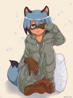 5_fingers anthro barefoot black_body black_fur black_hair blue_body blue_eyes blue_fur blue_hair blush bottomwear brown_body brown_fur clothed clothing feet female fingers fluffy fluffy_tail fur glistening glistening_hair hair humanoid_feet multicolored_body multicolored_fur multicolored_hair open_mouth pants pillow plantigrade soles solo sweater sweatpants tail topwear translucent translucent_hair denjiyuudou brand_new_animal studio_trigger michiru_kagemori canid canine mammal raccoon_dog tanuki 2020 3:4 absurd_res hi_res