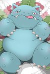 ambiguous_gender bed belly blush furniture looking_at_viewer lying on_back overweight plant solo tongue wnhr08 nintendo pokemon elemental_creature flora_fauna generation_1_pokemon pokemon_(species) venusaur