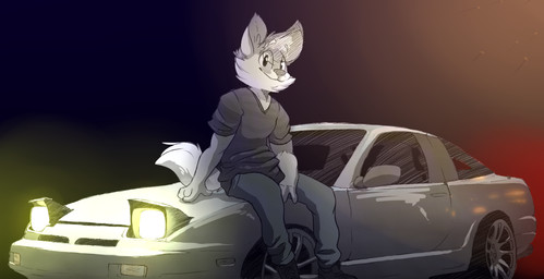 4_fingers anthro biped black_nose bottomwear car clothed clothing fingers fully_clothed fur grey_body grey_fur grey_hair hair light looking_at_viewer male on_hood outside pants shirt short_hair simple_background sitting smile solo topwear t-shirt vehicle white_body white_fur backsash nissan sash_(backsash) canid canine canis mammal wolf 2017 digital_media_(artwork) hi_res