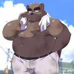 anthro belly big_belly black_nose bottomwear brown_body bulge clothing kemono male moobs nipples overweight overweight_male pants smoking solo towel towel_around_neck diru11 bear mammal 2025 absurd_res hi_res