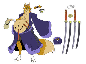 anthro asian_clothing belly belly_tattoo belt big_belly clothed clothing container east_asian_clothing footwear front_view fur hair holding_container holding_object japanese_clothing katana kimono looking_at_viewer male melee_weapon mouth_closed navel navel_piercing overweight overweight_anthro overweight_male piercing sandals shoes slightly_chubby slightly_chubby_anthro slightly_chubby_male smile smiling_at_viewer socks solo standing sword tail tattoo text weapon reagan700 kobito canid canine fox mammal 2026 english_text model_sheet