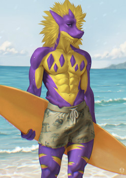 abs anthro beach bottomwear clothed clothing looking_aside male muscular muscular_male open_clothing outside pecs purple_body sand scales sea shorts smile solo standing summer sun surfboard water yellow_body levsha mythology nintendo pokemon amped_toxtricity dragon generation_8_pokemon mythological_creature mythological_scalie pokemon_(species) scalie toxtricity