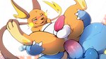 16:9 anthro balls blastoise blue_body blush claws duo finger_claws fur generation_1_pokemon genitals hi_res lapatte male male/male male_penetrated male_penetrating male_penetrating_male nintendo nude penetration penis pokemon pokemon_(species) raichu sex shoulder_cannon tail widescreen yellow_body yellow_fur