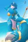 anthro beach bikini butt clothing cloud feet female melee_weapon polearm sea seaside spear star swimwear two-piece_swimsuit water weapon halu nintendo star_fox krystal_(star_fox) canid canine fox mammal 2:3 absurd_res digital_media_(artwork) hi_res