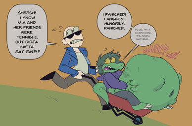 after_vore anthro belly big_belly eyewear female freckled_belly freckled_face freckled_tail freckles green_body group inside male overweight speech_bubble sunglasses tail text vore wheelbarrow cchilab cavemanon_studios i_wani_hug_that_gator inco_(iwhtg) olivia_halford baryonyx dinosaur human mammal prehistoric_species reptile saurischian scalie spinosaurid theropod 2025 hi_res