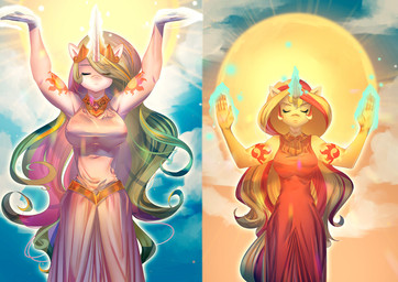 5_fingers anthro clothed clothing day detailed_background duo female fingers horn magic outside sky standing sun bakki equestria_girls friendship_is_magic hasbro my_little_pony mythology princess_celestia_(mlp) sunset_shimmer_(eg) equid equine mammal mythological_creature mythological_equine unicorn