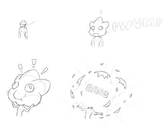 5_fingers anthro bang_(sound_effect) dart death exclamation_point featureless_chest fingers four_frame_sequence hands_on_own_face head_explosion humanoid_hands male mouth_closed no_eyelashes no_navel question_mark simple_background solo white_background riilu riilu_(character) 2014 5:4 monochrome