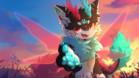 2_horns 4_fingers anthro biped black_body black_fur blue_pawpads cheek_tuft chest_tuft claws day dragon_tail facial_tuft fingers footprint fur gradient_sky grass green_body green_fur green_pawpads horn inner_ear_fluff kemono light male markings multicolored_body multicolored_fur neck_tuft open_mouth open_smile outside pawpads pawprint pawprint_(marking) paws pink_eyes plant reaching reaching_towards_viewer red_eyes sky smile smiling_at_viewer solo standing sunlight sunset tail tuft white_body white_fur wings hlg7777 mythology tide dragon furred_dragon furred_scalie mythological_creature mythological_scalie scalie 2025 absurd_res digital_drawing_(artwork) digital_media_(artwork) hi_res shaded wallpaper