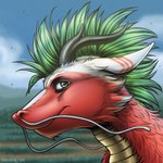 anthro cheek_tuft closed_smile ears_back facial_tuft fur glistening glistening_eyes green_eyes green_hair grey_horn hair horn looking_at_viewer male mouth_closed neck_tuft pivoted_ears red_body red_fur scales simple_background smile solo striped_ears text tuft white_body white_fur yellow_body yellow_scales slash_freezen mythology dragon furred_dragon furred_scalie mythological_creature mythological_scalie scalie 1:1 2020 artist_name bust_portrait dated hi_res portrait