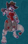 absurd_res anthro canid canine canis color_swatch complementary_colors digital_media_(artwork) fox fur hair hi_res josendall_art looking_at_viewer male mammal nipples nude pink_eyes pose red_body red_eyes red_fur saturated_colors shadow shadow_(josendall) simple_background smile solo tail wolf