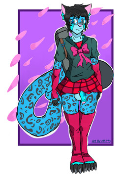accessory backpack balls clothed clothing costume crossdressing femboy fur genitals hair male nerd penis pin_accessory school_uniform solo uniform yourfurryotaku felid mammal pantherine snow_leopard absurd_res digital_media_(artwork) full-length_portrait hi_res portrait
