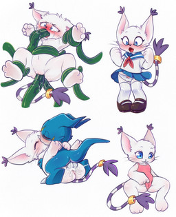 anus blush bottomwear clothed clothing clothing_lift duo female genitals kissing male orgasm panties sex skirt skirt_lift swimwear tentacles underwear vaginal vulva nomo26 bandai_namco digimon digimon_(species) gatomon veemon hi_res