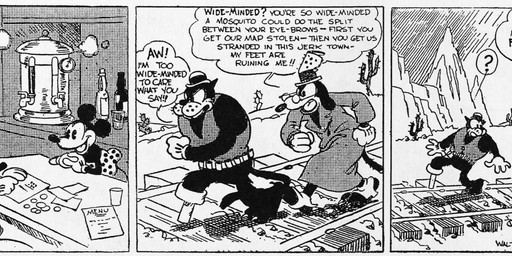 anthro bottomwear bowler_hat carrying_another clothed clothing dialogue eyewear female fingers footwear glasses gloves group handwear hat headgear headwear male open_mouth outside pants pegleg piggyback question_mark shoes sitting skirt speech_bubble tail text top_hat walking floyd_gottfredson roy_nelson disney public_domain mickey_mouse minnie_mouse pegleg_pete pete_(disney) sylvester_shyster canid canine canis domestic_cat domestic_dog felid feline felis mammal mouse murid murine rodent 1930 20th_century absurd_res ancient_art black_and_white comic dated english_text hi_res long_image monochrome signature wide_image