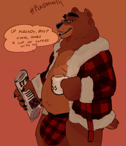 anthro clothing coffee_mug countershade_snout countershade_torso countershading eyewear glasses holding_object jockstrap looking_at_viewer male male_anthro mature_male newspaper open_mouth open_smile overweight overweight_anthro overweight_male pattern_clothing pattern_topwear pattern_underwear plaid plaid_clothing plaid_topwear plaid_underwear simple_background smile snout solo speech_bubble tail teeth text tongue topwear underwear wearing_glasses likanen bear mammal 2022 english_text hi_res