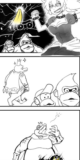 alternate_species crossgender crown female group headgear humanoidized male mtf_crossgender super_crown unknown_artist bowsette_meme donkey_kong_(series) mario_bros nintendo bowser diddy_kong king_k._rool animal_humanoid ape crocodile crocodilian gorilla haplorhine humanoid mammal monkey primate reptile scalie 4koma comic digital_drawing_(artwork) digital_media_(artwork) hi_res meme