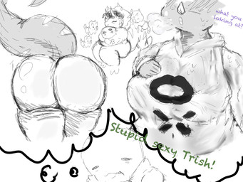 anthro bald big_breasts big_butt blush bodily_fluids breasts butt butt_focus clothed clothed_anthro clothed_female clothing duo eyes_closed facial_horn fantasy female frill_(anatomy) front_view hair horn hug human_on_anthro interspecies legwear male male/female markings non-mammal_breasts rear_view short_hair smile striped_markings stripes sweat sweatdrop sweaty_body tail text thigh_highs thought_bubble caldinie1 cavemanon_studios goodbye_volcano_high ko_op_(game_developer) nothing_at_all snoot_game anon_(snoot_game) trish_(gvh) ceratopsian ceratopsid chasmosaurine dinosaur human mammal marginocephalian ornithischian prehistoric_species reptile scalie triceratops 4:3 english_text greyscale hi_res meme monochrome multiple_images sketch