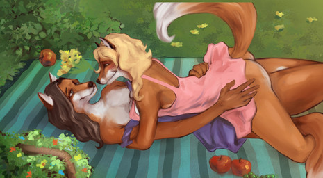 anthro clothing duo female female/female grass hair outside picnic plant smile budgetbagel canid canine fox mammal absurd_res hi_res