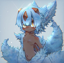 4_arms big_eyes blush blush_lines breasts brown_body brown_eyes claws collarbone featureless_breasts female fur glint grey_background hands_behind_back looking_at_viewer multi_arm multi_limb multi_tail multicolored_eyes navel nervous purple_eyes simple_background smile smiling_at_viewer snow solo standing tail teeth white_background white_body oyaoya915 made_in_abyss faputa humanoid narehate 2025 hi_res