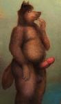 2000 anthro archived_source balls bd bodily_fluids brown_body brown_fur canid canine colored_pencil_(artwork) cum cum_taste fur genital_fluids genitals half-closed_eyes humanoid_genitalia humanoid_penis male mammal narrowed_eyes nude penis slightly_chubby solo standing tasting tongue tongue_out traditional_media_(artwork)