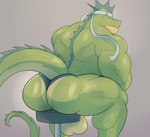 accessory anthro back_muscles balls barazoku big_balls big_butt big_muscles butt clothing furniture genitals grey_background headband huge_butt huge_muscles looking_back male muscular muscular_anthro muscular_male rear_view simple_background sitting solo stool thick_thighs thong underwear crocobu ryder_(crocobu) lizard reptile scalie 2021 absurd_res hi_res