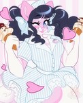 abstract_background accessory alternative_fashion anthro blue_eyes breasts clothed clothing dessert eyelashes female food fur holding_food holding_ice_cream holding_object ice_cream j-fashion lolita_(fashion) looking_at_viewer one_eye_closed pigtails pin_accessory pin_button pink_body pink_fur solo sweet_lolita tongue tongue_out wink ferwanwan canid canine canis domestic_dog mammal 2023 hi_res pastel_theme