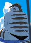 anthro beach butt clothing fur male overweight sitting solo speedo striped_body striped_fur stripes swimwear white_body white_fur 9dtq0 lifewonders tokyo_afterschool_summoners licho_(tas) felid mammal pantherine tiger absurd_res hi_res