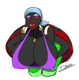antennae_(anatomy) antennae_piercing anthro big_breasts black_body black_skin breasts cleavage clothed clothing cross cross_necklace ear_piercing female furgonomic_piercing furgonomics half-closed_eyes huge_breasts jewelry kerchief lips lipstick makeup multi_limb narrowed_eyes necklace non-mammal_breasts piercing red_lipstick red_sclera simple_background skimpy solo thick_lips white_background daigo wing_black arthropod beetle cucujoid insect ladybug hi_res
