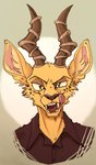 anthro clothed clothing dots fangs fur horn looking_at_viewer male solo teeth tongue mimi-fox beastars melon_(beastars) antelope bovid felid feline gazelle hybrid leopard mammal pantherine hi_res