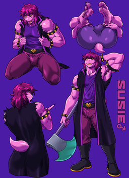 5_fingers 5_toes anthro bangs biceps biped bracelet bulge clothed clothing crossgender feet fingers freckled_arms freckled_face freckled_shoulders freckled_tail freckles ftm_crossgender gender_symbol hair hand_behind_head holding_object holding_weapon jewelry male male_symbol muscular muscular_anthro muscular_male purple_body purple_hair purple_skin solo speckle_freckles spiked_bracelet spikes symbol tail toes triceps weapon ignitioncrisis deltarune undertale_(series) susie_(deltarune) scalie absurd_res hi_res