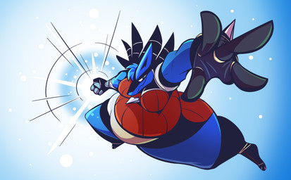 action_pose anthro belly big_belly big_butt butt female overweight perspective pose solo hoodah nintendo pokemon generation_4_pokemon lucario pokemon_(species) colored hi_res